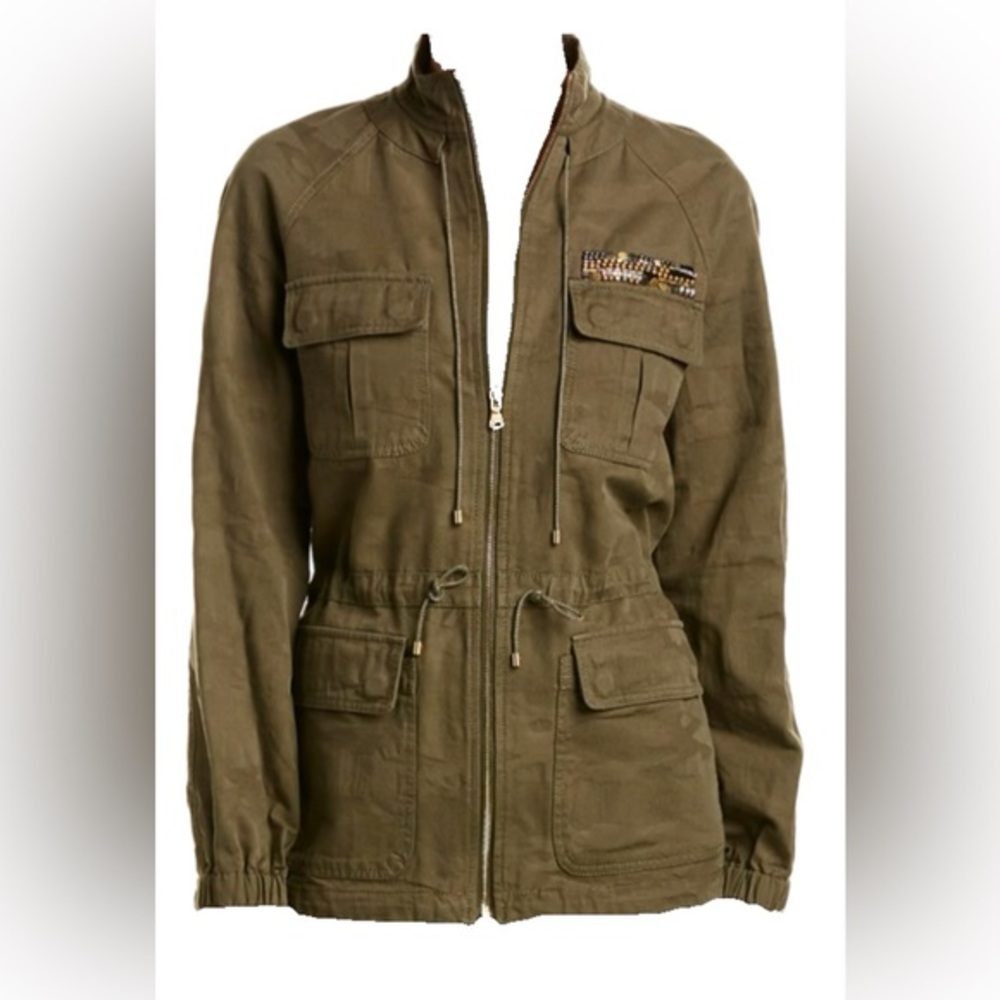 Trina Turk EUC Castle Camo Utility Jacket Olive Green M